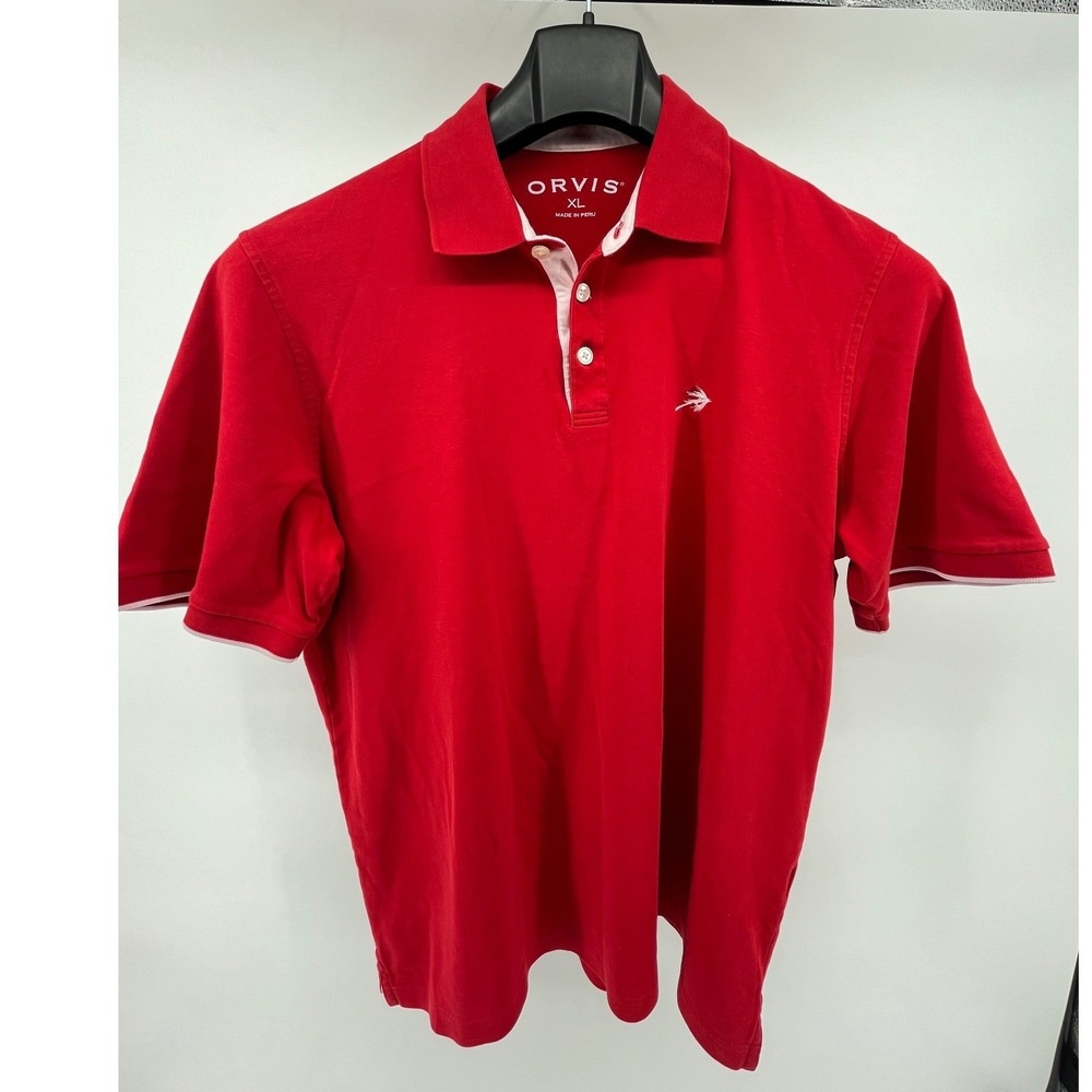 Orvis Mens XL Red Short Sleeve Polo Shirt Dragonfly Logo Cotton Blend Peru - Picture 2 of 7